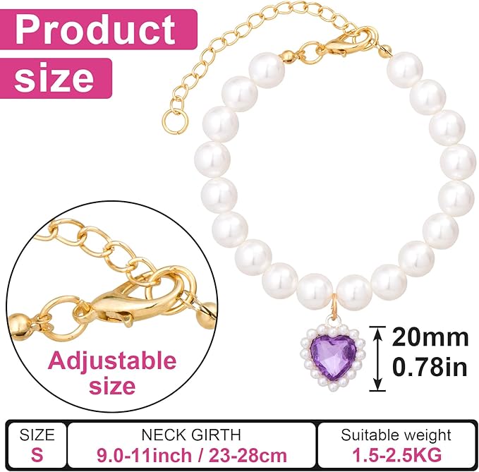 2pcs Cat Pearl Collar with Heart Pendant, Cute Pearl Pet Necklace in Small, Adjustable Wedding Party Small Dog Jewelry Accessories for Puppy Kitten- Green & Purple