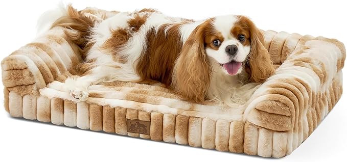 Cute Dog Bed for Small Dogs, Faux Rabbit Fur Orthopedic Foam Dog Bed with Sides, Removable Washable Cover & Waterproof Lining, Comfortable Pet Couch, Tie-Dye Brown (30" L x 20" W x 6" Th)
