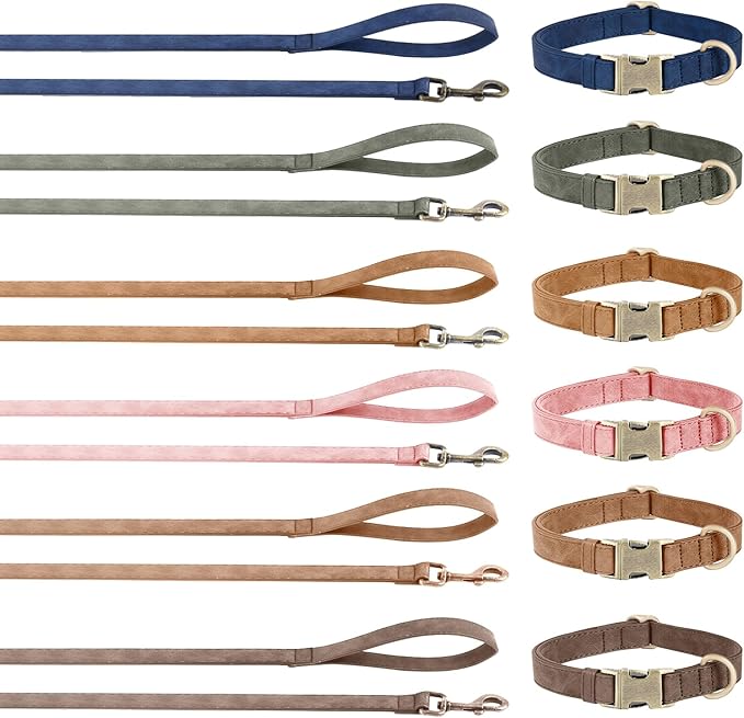Genuine Leather Dog Collar - Adjustable Pet Collar with Quick Release Metal Buckle, Soft Skin Friendly Real Leather Collar for Small, Medium, Large Dogs (Blue Collar + Rope, M：Fit 12-20" Neck)