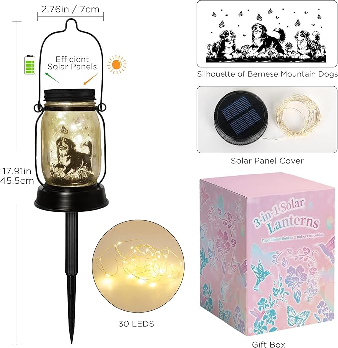 Bernese Mountain Dog Gifts for Women/Men Bernese Mountain Solar Lanterns Birthday Dog Lovers Lantern Pet loss Dog Memorial Lights Solar Garden Decoration for Yard, Patio,Backyard,Porch Torches Light
