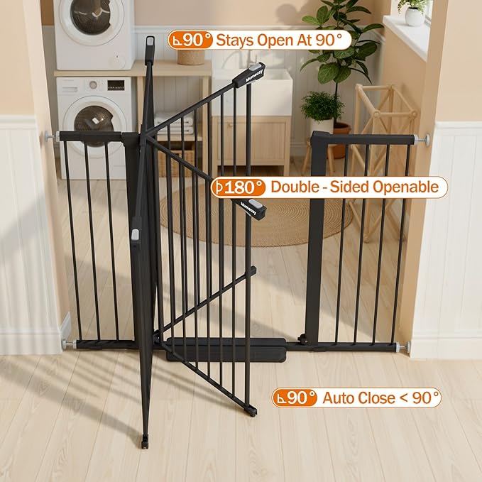 Mumeasy 36" Extra Tall Baby Gate for Stairs, 29.7-51" Wide Dog Gates Indoor for Doorways with Easy Walk Thru, Auto Close Pet Safety Gate for House, Pressure Mounted Metal Child Gate with Door, Black