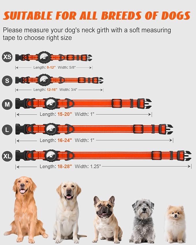 Joytale Airtag Dog Collar, Reflective Pet Collar with Waterproof AirTag Holder, Dual D-Rings, Soft Padded Adjustable for Medium Dogs, Orange, M