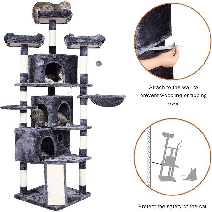 Hey-brother XL Cat Tree, 73.4 inch Cat Tower with 3 Caves, 3 Cozy Perches, Scratching Posts, Board, Activity Center Stable for Kitten/Big Cat, Gray MPJ032G