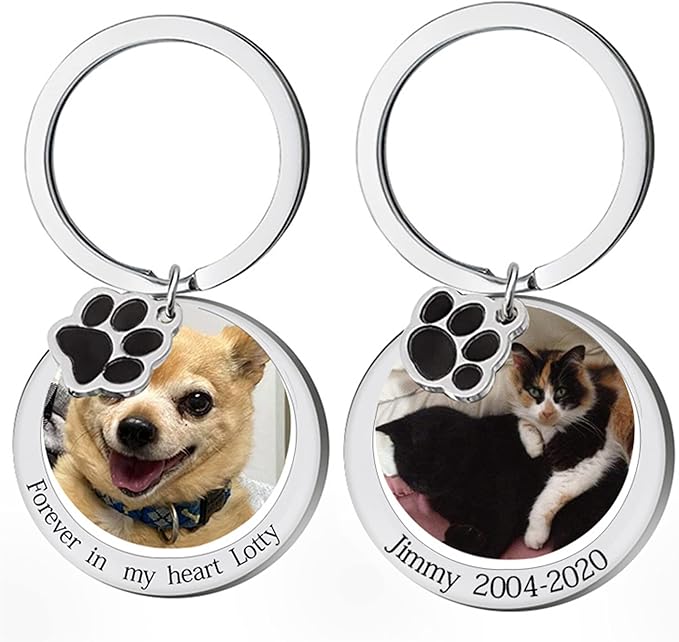 Custom Pet Photo Keychain Personalized Photo Pawprint Dog Tag Keychain Engraved Keyring Animal Pet Lover