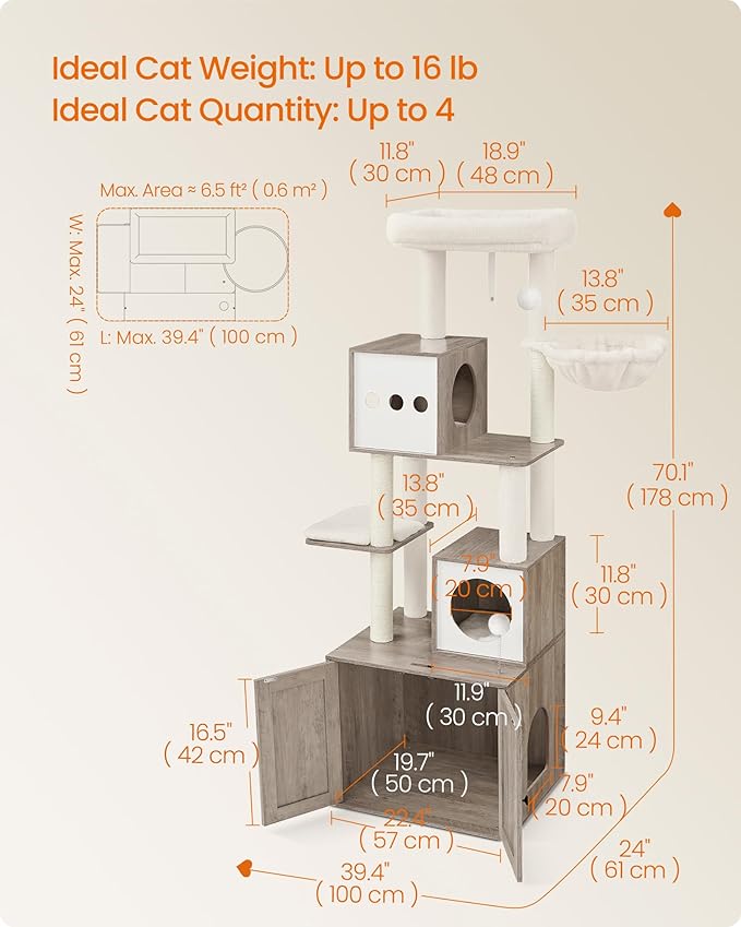 Feandrea Cat Tree with Litter Box Enclosure, 70.1-Inch Tall Cat Tower, 2-in-1 Modern Condo with Scratching Posts, Perch, Caves, Basket, Washable Cushion, Heather Greige UPCT116G01