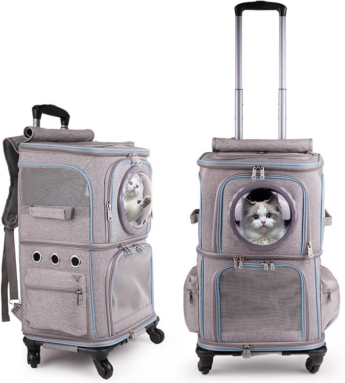 2-in-1 Pet Carrier Backpack for Two Cats or One Dog with Puller & Roller, Grey 2-Layer Dual Cabins Carry Bag for Large Fat Cat and Puppy Traveling and Hiking, Space Capsule Clear Bubble Dome
