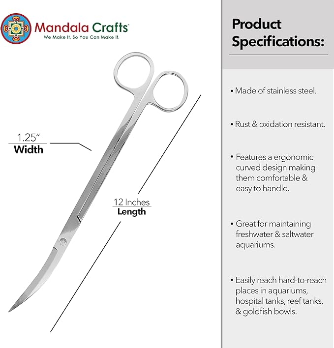 Mandala Crafts 12 Inches Silver Stainless Steel Curved Aquarium Scissors for Trimming Aquatic Plants – Bent Aquascape Scissors for Fish Tanks, Hospital Tanks, Goldfish Bowls, and Terrariums