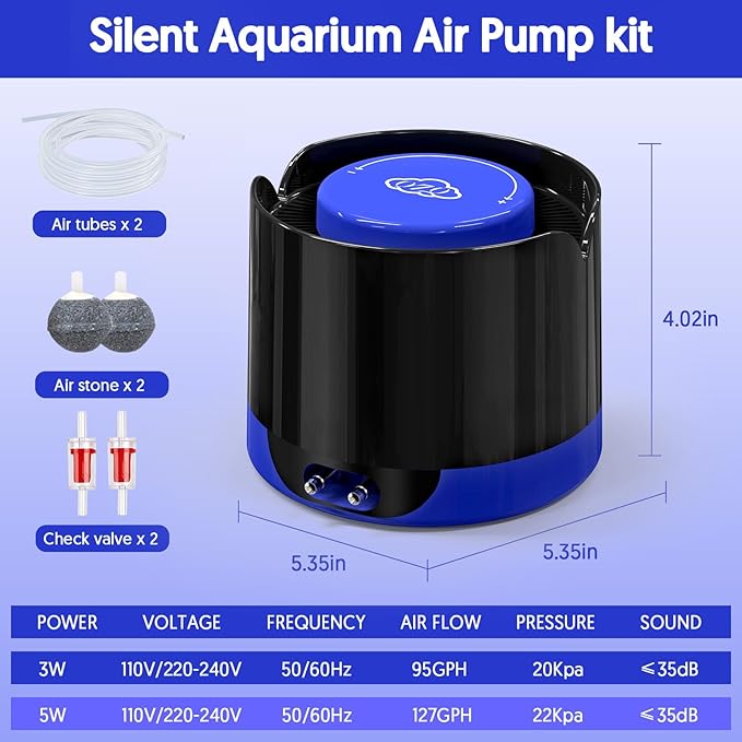 QZQ Aquarium Air Pump, Quiet Fish Tank Air Pump with Dual Outlets, 3W/5W Powerful Adjustable Oxygen Pump with Accessories, Aquarium Bubbler Aerator for Fish Tank Up to 80 Gallon (3W)