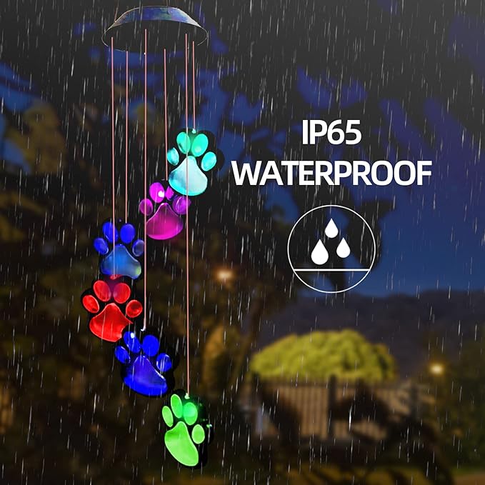 Paw Print Solar Wind Chimes for Outside, Dogs Cat Pet Pawprint Remembrance Wind Chimes,Waterproof Color Changing Solar Hanging Lights,Sympathy Gift for Pet Lover,Balcony,Patio,Yard Decor