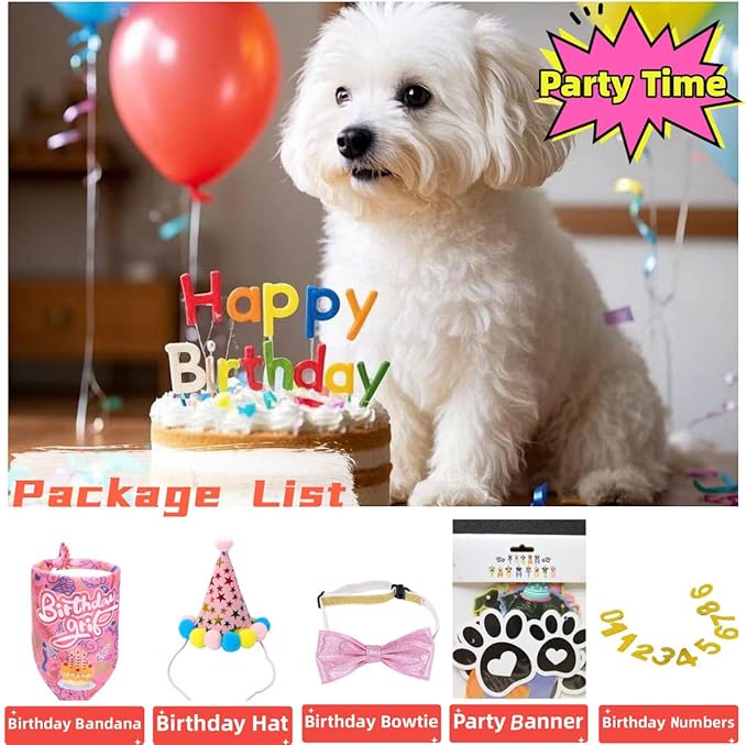 Happy Birthday Dog Party Supplies Kit - Dog Party Hat, Bandana, Bowtie & Happy Birthday Banner Decorations for Small Dogs, Puppy Birthday Outfit Accessories & Pet Birthday Party Decor (Pink)
