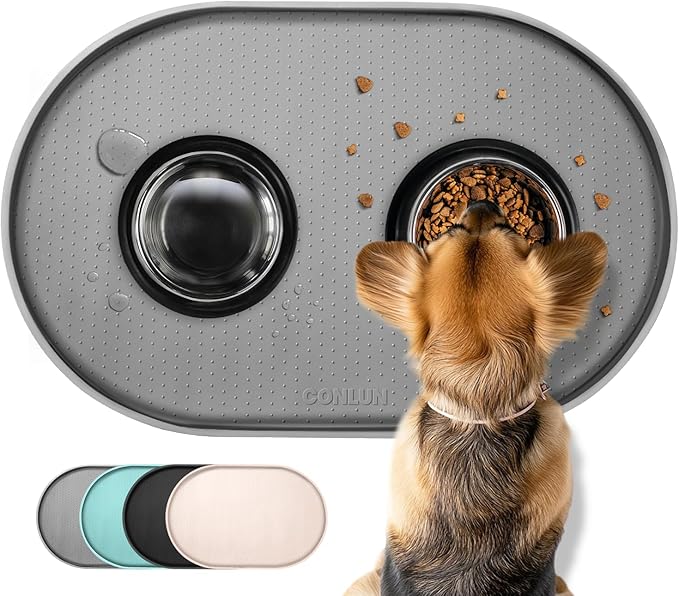 Dog Food Mat,1/2 Inch Raised Edges Cat Feeding Mat for Spill Containment,BPA-Free Silicone Pet Food Mats for Floor Waterproof,Rubber Dog Placemats for Food and Water Bowls(Grey,24"x16")