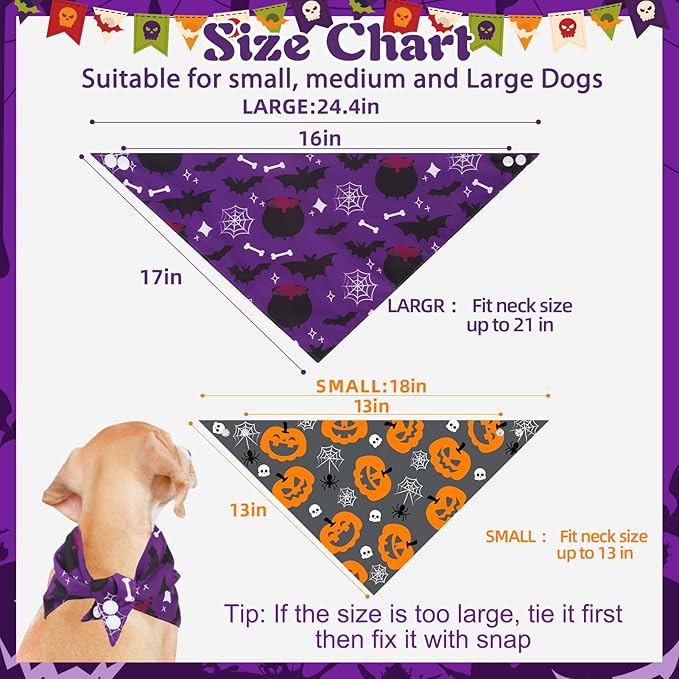 PAWCHIE Dog Halloween Bandanas 4 Pack, Reversible Pumpkin Dogs Scarf Bibs, Dog Holiday Costume Set with Two Adjustable Snaps, Multiple Halloween-Themed Patterns for Dogs Puppy, Cats, Pets