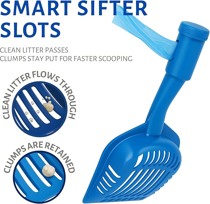 2-in-1 Pooper Scooper with Bag Attachment, Cat Litter Shovel Scoop with Bag, Built-in Dispenser, Includes Trash Roll, Rinse-Clean, Anti-Stick, Smart Sifter, Long Handle (Blue)