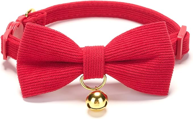 Soft Corduroy Cat Collar with Bell and Bowtie, Safety Breakaway Clasp, Adjustable for Kitten and Cats Red Color.