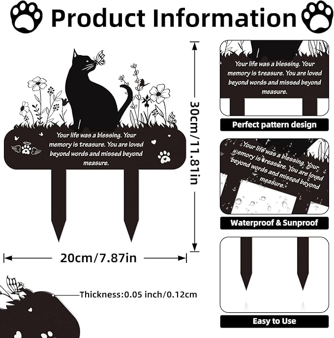 Pet Cat Memorial Grave Markers - Rngmsi Flowers Butterfly Cat Metal Garden Stakes Grave Decorations for Cemetery Pussy Memorial Stones Plaques for Outdoors