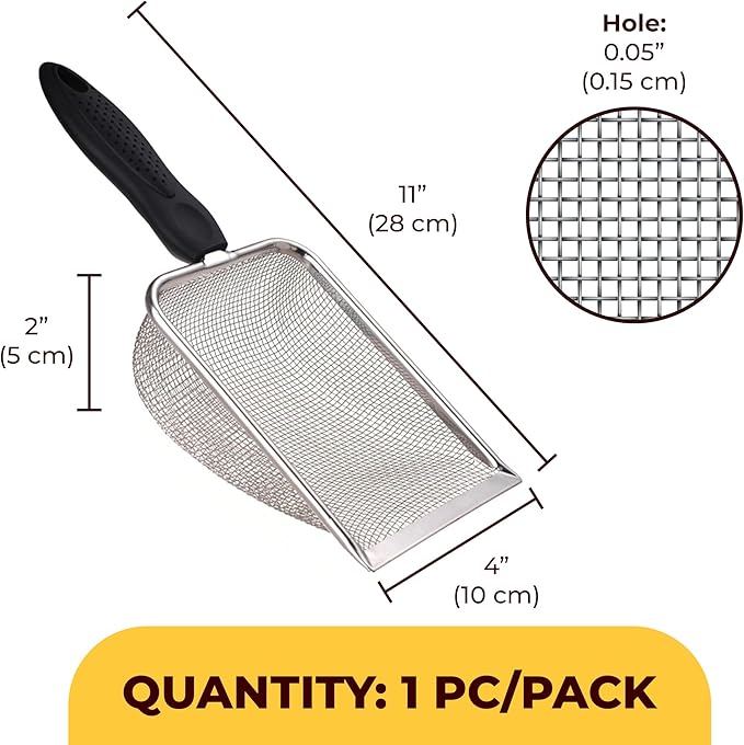 SunGrow Reptile Sand Scoop, Stainless Steel Fine Mesh Net for Lizard, Gecko, Snake Habitat, Substrate and Gravel Sifter, Black Non-Slip Handle Sifter, 11” x 4” x 2”, 1 Pc 