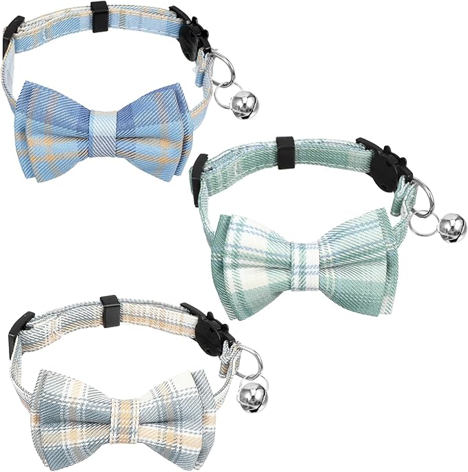 3pcs Bow Tie Cat Collar with Bells, Breakaway Bowtie Plaid Cat Collar, Soft Adjustable Bow Cats Collars for Kitten Puppy and Small Pets