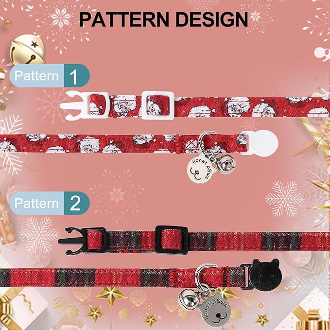Lionet Paws 2pcs Pack Cotton Cat Collar,Breakaway Buckle Christmas Cat Colar with Santa,Red Green Grid Cute Adjustable Cat Kitten Collar,Ideal for Girl Cats Boy Cats