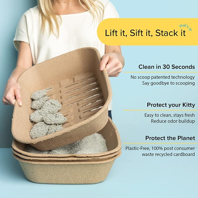 Kitty Sift (Set of 1 Litter Box & 5 Sifting Liners) Disposable Sifting Cat Litter Box Large, 6 Count, Durable and Portable for Travel and Home Odor Control