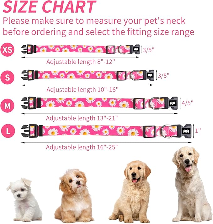 QQPETS Adjustable Soft Dog Collar: Print Flower Pink Multicolor Cute Patterns for XS Small Medium Large Pet Girl Boy Puppy Walking Running Training (L, Small Daisies)