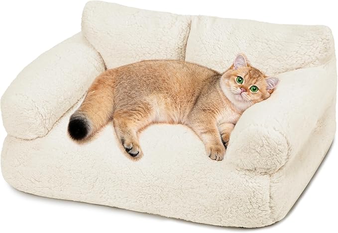 Large Cat Beds for Indoor Cats, Dog Couch Bed, Cute Cat Couch Sofas for Less 20lbs Kitten Puppy, Small Dog Sofas & Chairs with Removable Washable Cover, Soft Warm Pet Furniture, Cream