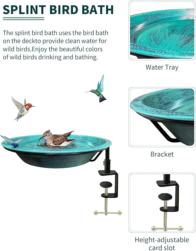 Deck Mounted Bird Bath for Outside, Detachable Birdbath Bowl with Sturdy Clamp, Easy Setup Outdoor Bird Feeder for Garden Patio Lawn Yard Decoration
