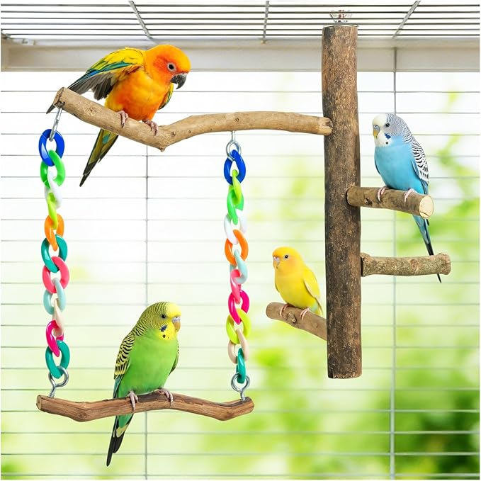 Bird Toys, Bird Swing Toys with Perch Stand, Cage Accessories for Budgies, Parakeets, Cockatiels & Other Small Birds