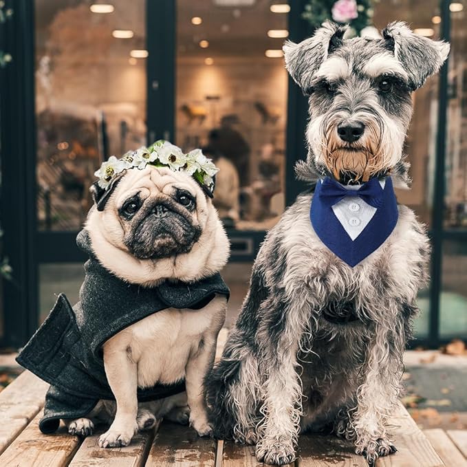 Dog Wedding Bandana, Formal Dog Tuxedo Adjustable Pet Collar with Bow, Small, Medium and Large Wedding Clothing, Birthday Gifts for Dogs (Large, Blue)