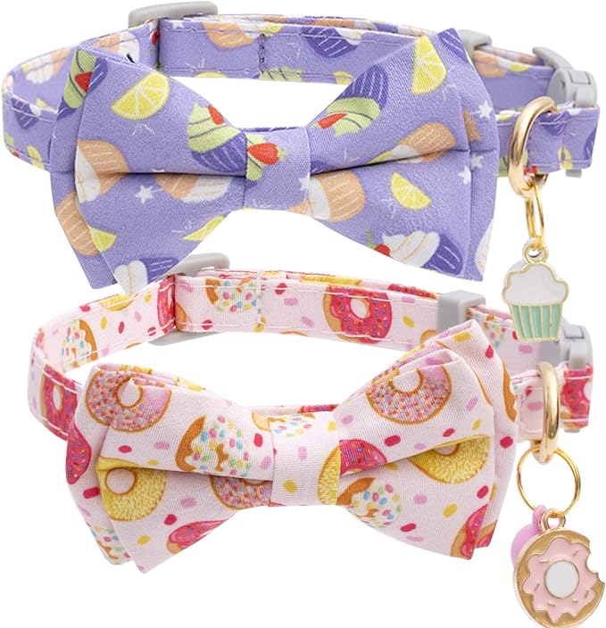 Faygarsle 2 Pack Cute Breakaway Cat Collar With Bell and Bowtie for Male Female Cats - Soft Fancy Pink Purple With Ice Cream Doughnuts Pattern - Summer Collar for Boy Girl Cats