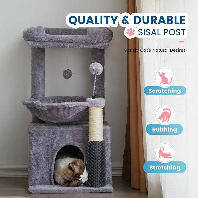 Cat Tree for Indoor Cats, 32 Inch Tall Cat Tower with Hammock, 2 Condos, Plush Perch & Sisal Scratching Posts, Multi-Level Kitten Activity Center for Small Medium Cats, Grey