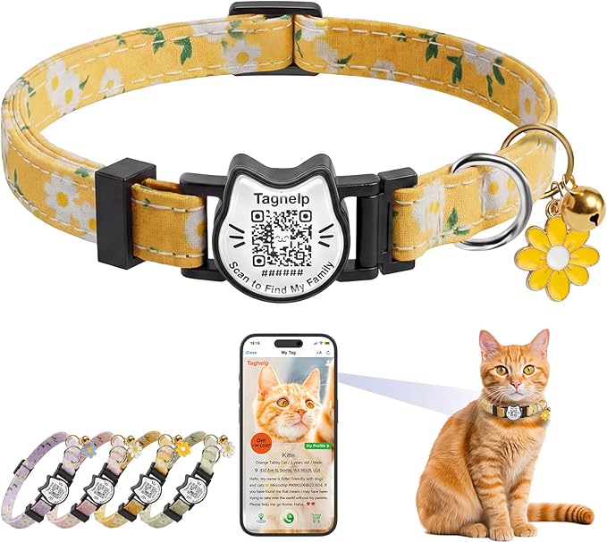 Breakaway Cat Collar with QR Code ID Tag, Adjustable Cotton Kitten Collar with Bell, Scan to Find My Family Personalized Pet Info, Cute Flower Design for Indoor Outdoor Cats,Flower Pendant(Yellow)