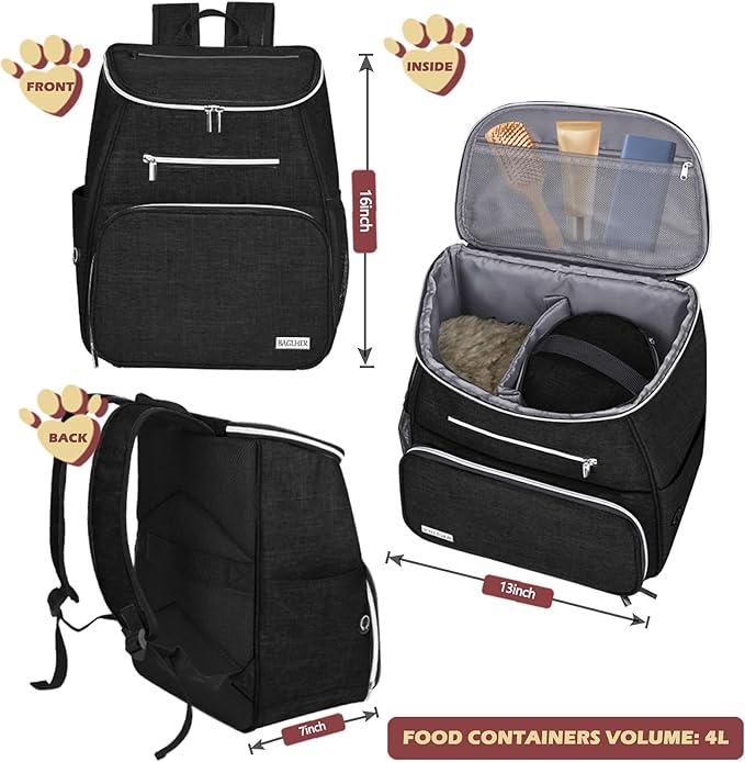 BAGLHER丨Dog Travel Bag Backpack, Airline Approved Pet Supplies Backpack, Dog Travel Bag with 2 Silicone Collapsible Bowls and 2 Food Baskets, Black