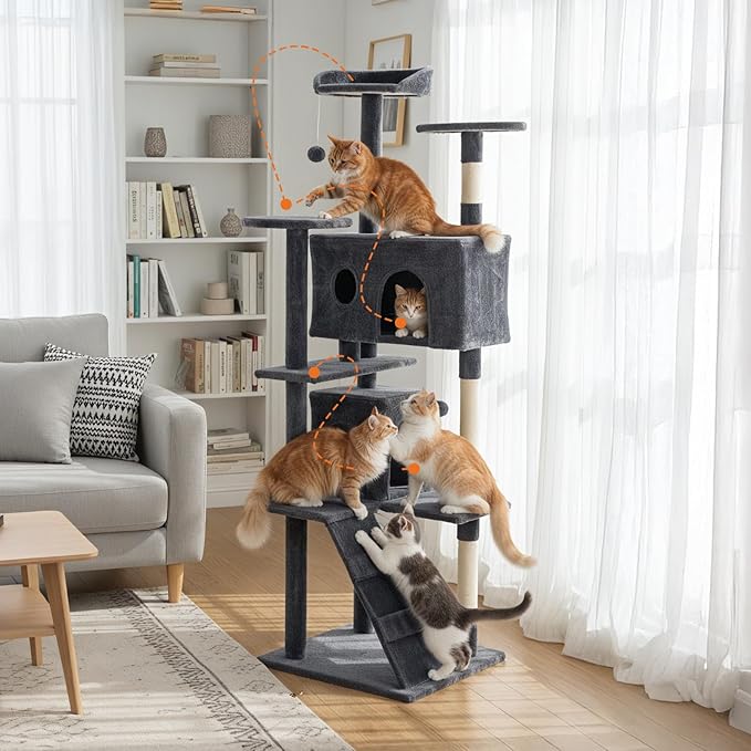 DUMOS 80-inch Indoor Cat Tree Tower –Multi-Level Pet House for Large Cats with 2 Condos, Scratching Posts, Round Platform, Small Ladder, and Toys, Grey