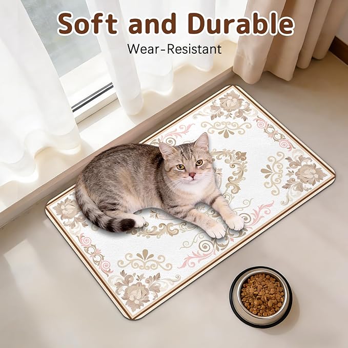 Dog Food Mat for Bowls, Absorbent Quick Dry Dog Cat Mats for Food and Water, Non-Slip Backing Pet Mat Pet Supplies - Floral Pattern