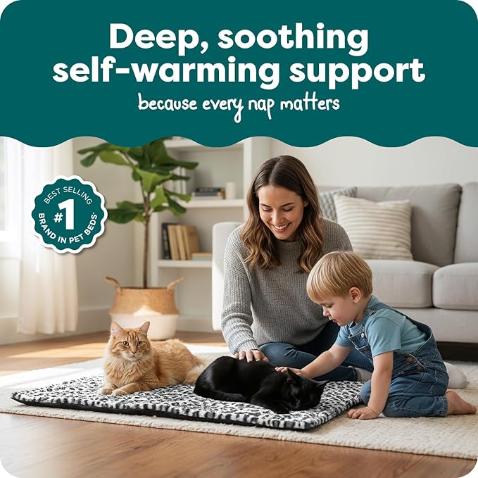 Furhaven ThermaNAP Self-Warming Cat Bed for Indoor Cats & Large/Medium Dogs, Washable & Reflects Body Heat - Quilted Faux Fur Reflective Bed Mat - Snow Leopard, Large
