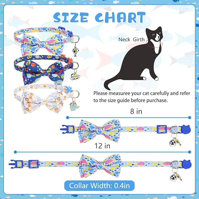 KOOLTAIL Boy Cat Collar Breakaway with Removable Bow Tie and Bell,3 Pack Fancy Cute Safety Buckle Kitten Collars with Charm Pendant, Adjustable Soft Pet Collars for Kitty Small Cats