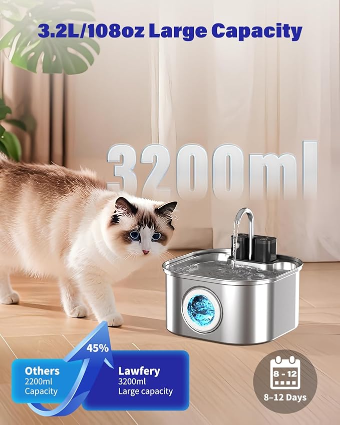 Wireless Cat Water Fountain Stainless Steel with 4 Filters & 4 Sponges, 3.2L/108oz Battery Operated Pet Fountain, Cordless Pet Water Dispenser for Cats and Dogs