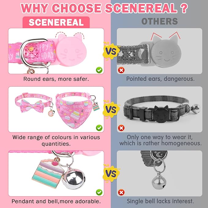 SCENEREAL Cat Bandana Collar for Birthday - 2 Pack Breakaway Kitten Collars With Bell Bowtie, Accessories for Pets, Adjustable Cute for Cats and Small Dogs Boys Girls, (Pink)