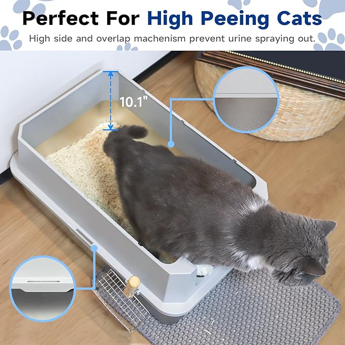 TENTIZON Stainless Steel Cat Litter Box with Lid, Large Covered Enclosed Kitty Litterbox with Hood, Flip Top, High Side, Litter Mat, Scoop for Big Cats, Kitten, No Odor, No Mess, Easy Clean