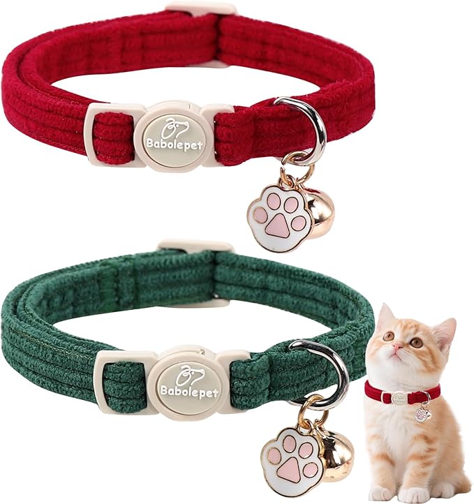 2 Pack Corduroy Cat Collars - Cute Breakaway Cat Collar with Bell and Paw Pendant, Soft Adjustable Fall Winter Kitten Collars for Girl Boy Cats, Green&Burgundy