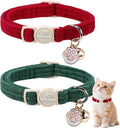 2 Pack Corduroy Cat Collars - Cute Breakaway Cat Collar with Bell and Paw Pendant, Soft Adjustable Fall Winter Kitten Collars for Girl Boy Cats, Green&Burgundy