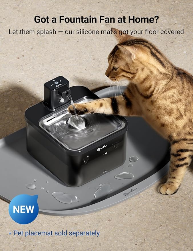 DownyPaws Cat Water Fountain Stainless Steel Cordless, 84oz/2.5L Fursink Wireless Pet Water Fountains for Cats Indoor, Battery Operated Cat Drinking Fountain, Ultra Quiet Pump, BPA-Free, Black