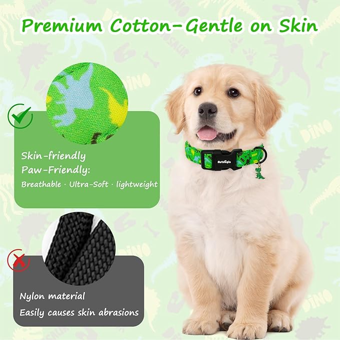 Medium Dog Collars for Male Dogs, Boy Dog Collars with Dinosaur Pattern，Adjustable Cotton Green Collar for Puppy Dog，Ideal, Daily Photos & Pet Fashion Accessory