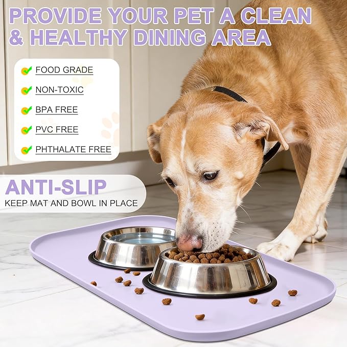 Silicone Pet Food Mat with Raised Edge for Food and Water Bowl, Dog Feeding Mats, Cat Food Trays for Floor Waterproof, Rubber Tray for Dogs and Cats, 19 x 12 x 0.7 Light Purple