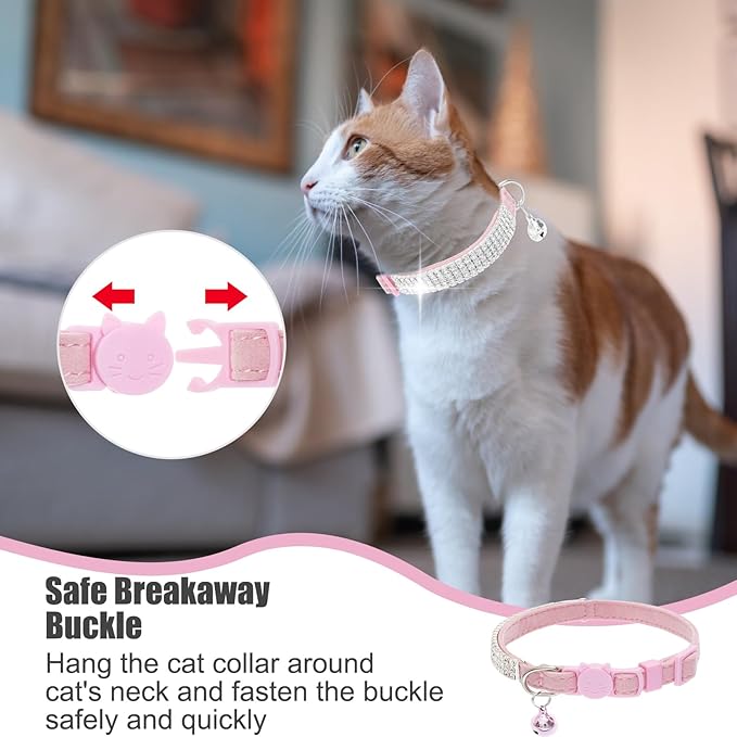 EXPAWLORER Soft Velvet Safe Cat Collars for Girl Cats - Rhinestones Adjustable Collars Breakaway- Chirstmas Cat Clollar Gifts with Bells for Boy Cats Kitty and Small Dogs(XS,Pink)