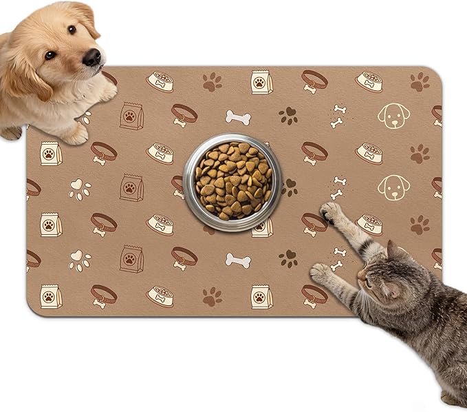 Dog Food Mat for Bowls, Absorbent Quick Dry Dog Cat Mats for Food and Water, Non-Slip Backing Pet Mat Pet Supplies - Bone Pattern