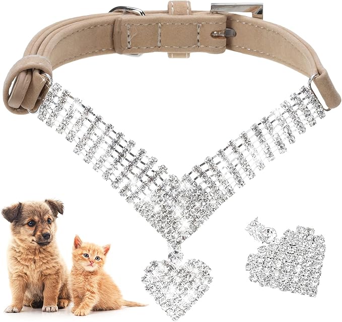 EXPAWLORER Cute Dog Necklace - Rhinestone Dog Collar, Soft Velvet Collar for Girl Boy Cats Dogs, Sparkling Pet Neck Decoration, Adjustable Pet Collar for Puppies Cats Small Medium Dogs, Brown M