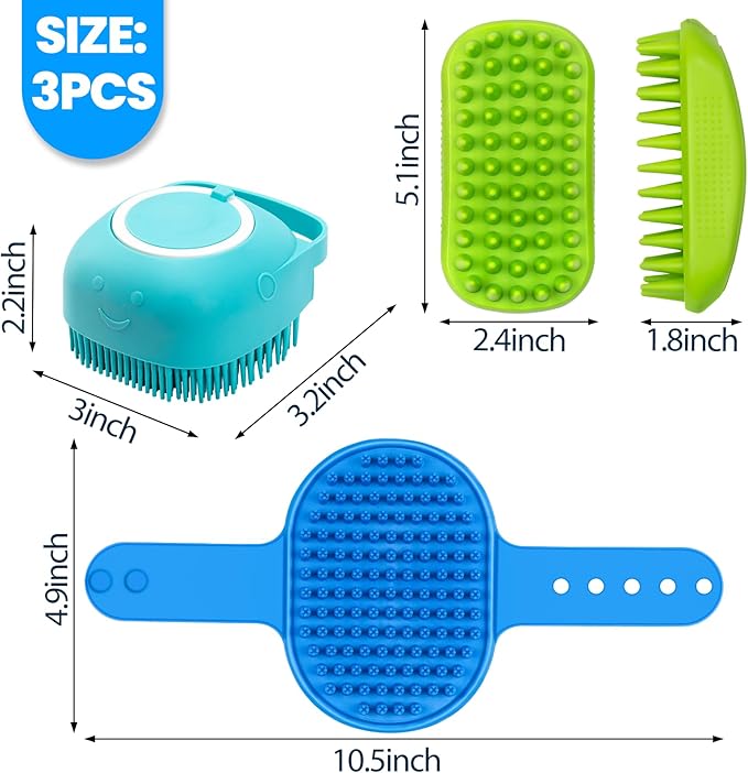 Comotech 3PCS Dog Bath Brush | Dog Shower/Washing Brush with Adjustable Ring Handle for Short & Long Hair(Blue Blue Green)