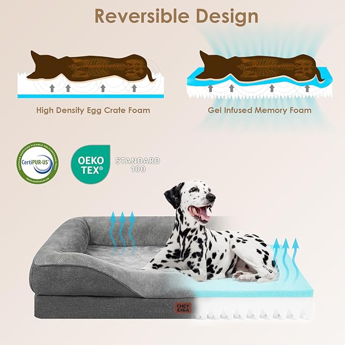 EHEYCIGA Orthopedic XL Dog Bed for Large Sized Dog, 48x35x7.5 Inch Extra Large Memory Foam Dog Couch Bed with Sides, Waterproof Liner & Washable Removable Cover, Bolster Pet Sofa, Grey