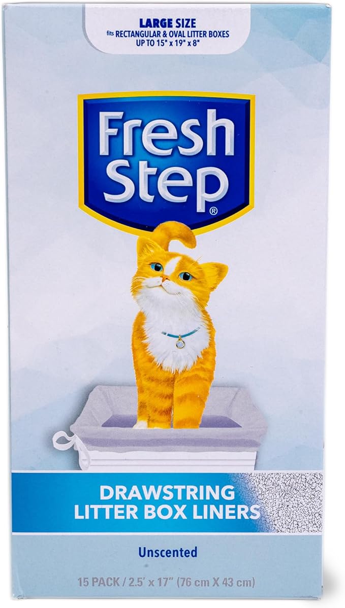 Fresh Step Drawstring Cat Litter Box Liners, Unscented Heavy Duty Kitty Litter Bags for Large Oval or Rectangle Pans, Helps Contain Odor and Mess, Easy Lift Out Cleanup, 30 x 17 in, 15 Count